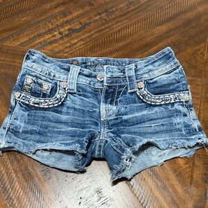 Miss Me Distressed Blue Jean Shorts with Embellishments